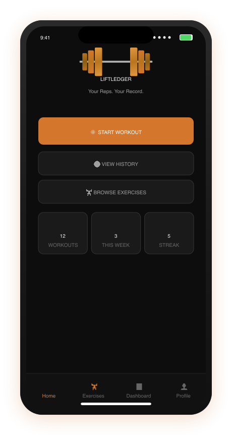 LiftLedger app screenshot showing home screen with workout logging, history, and exercise browsing